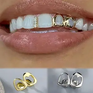Luxurious2pcs18KGoldPlatedHollowHeartTeethGrillzwithSparklingCubicZirconiaforWomenHipHopStyleFestivalJewelryOralSparkleAccessory