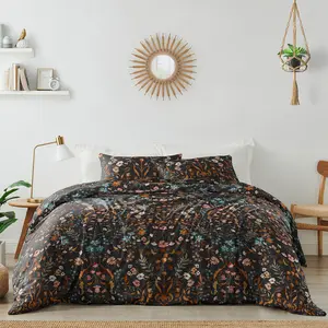 Sweet Jojo Designs Boho Bohemian Farmhouse Black & Orange Wildflower Garden Floral Duvet Comforter Cover & Sham 3pc Full Queen Size Bedding Set for Bedroom Aesthetic Botanical Cottagecore Flower Print Vintage