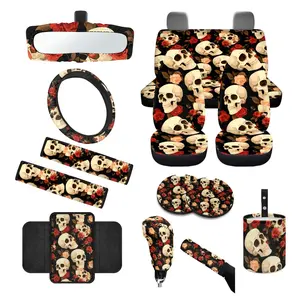 Floral Skull&Flowers Print Full Set of Car Seat Cover Auto Interior Dacorations for Halloween Gift,Stylish Interior Accessories for Women&Man with Steering Wheel Fit Fun Car Accessories Auto Stuff Auto decor