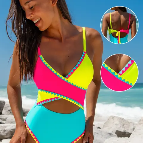 POPVIL Women's High Waisted Wrap 1-Piece Swimsuit - Shell Trim, Cutout Crossover, Neon, Tummy Control