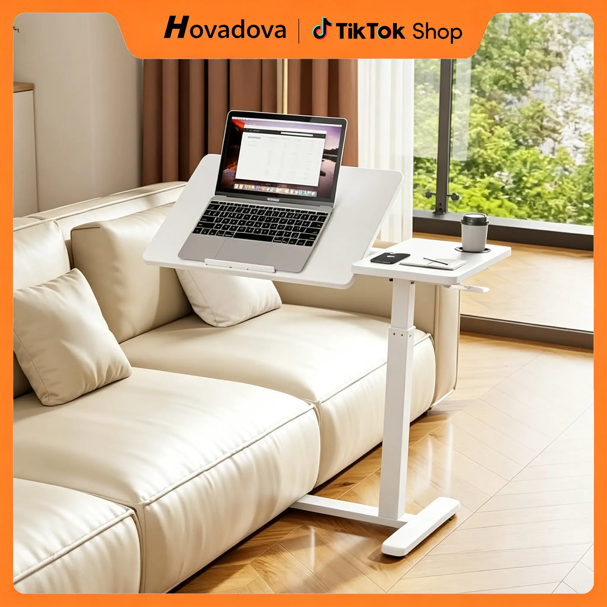 Overbed Table with Wheels, Pneumatic Lift, Foldable Top (Black) | 0-70° Tilt Desktop Bedside Table, Hidden Casters,1.18 In Low-Profile Base Slides Under Beds and Sofas, Holds 88 Lbs