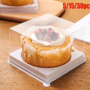 5/15/30 Set 4 Inch Plastic Cake Box with Fork, Transparent Square Base, Round Base, Pet Mousse Container with Lid