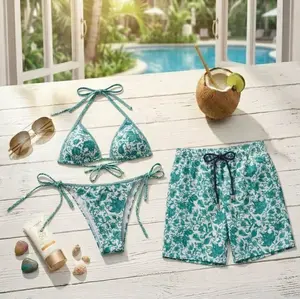 Summer 2026 Couple Beach Set, Teal Floral Paisley Bikini and Matching Hawaiian Shorts