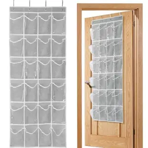 Over the Door 24 Pocket Hanging Shoe Organizer, Space Saving Hanging Storage Holder, Gray, (64" X 19")