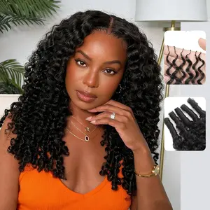 Burmese Curly Feather Crochet Human Hair Bundles Human Crochet Hair Pre Looped 100 Strands Pre-Separated Reusable Invisible 100% Virgin Human Hair Crochet Extensions 16 Inch 120g Natural Black