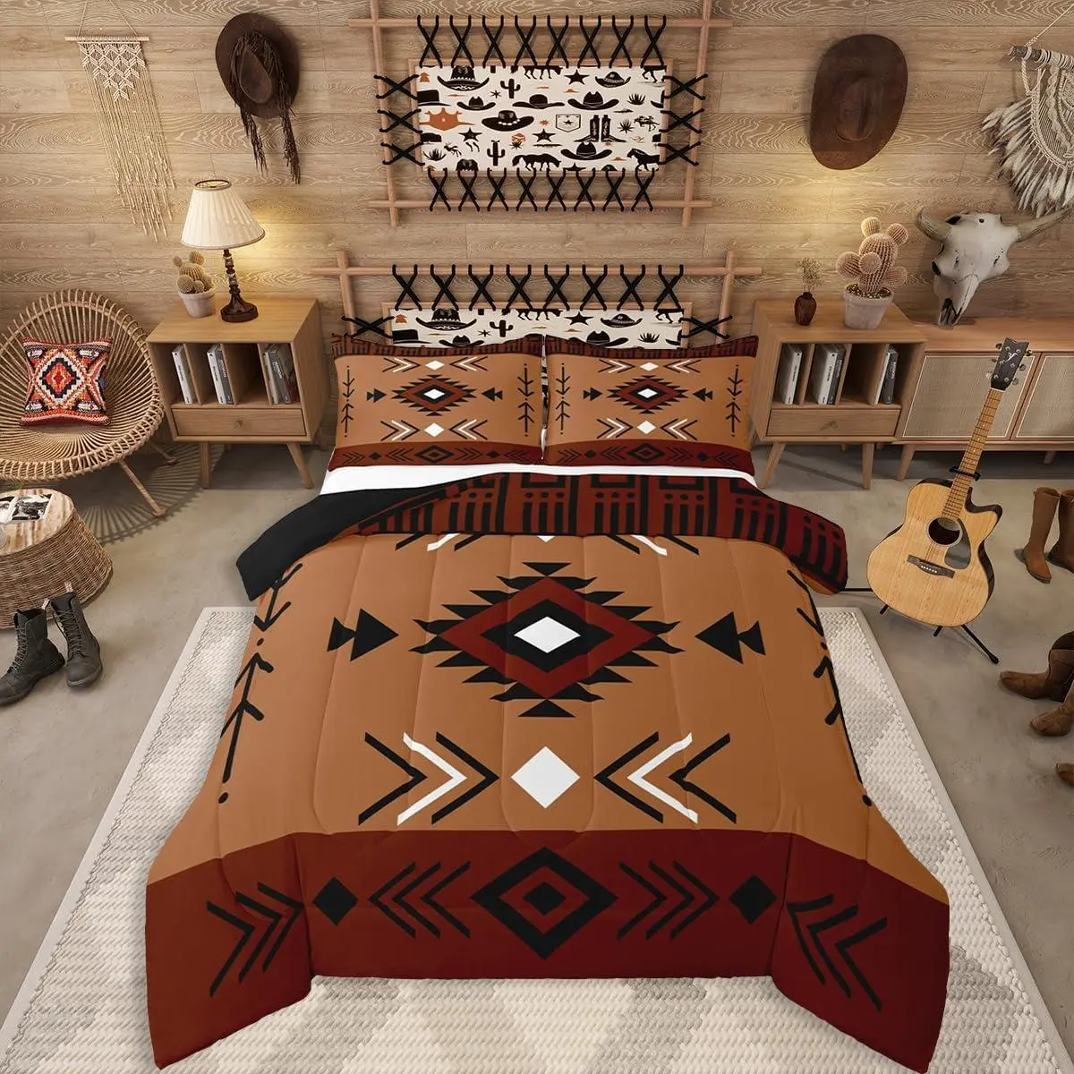 Western Aztec Bedding Set,Native American Navajo Comforter Set Adult Men,Southwestern Geometric Duvet Insert Ethnic American Native Quilt Rustic Farmhouse Decor,Brown