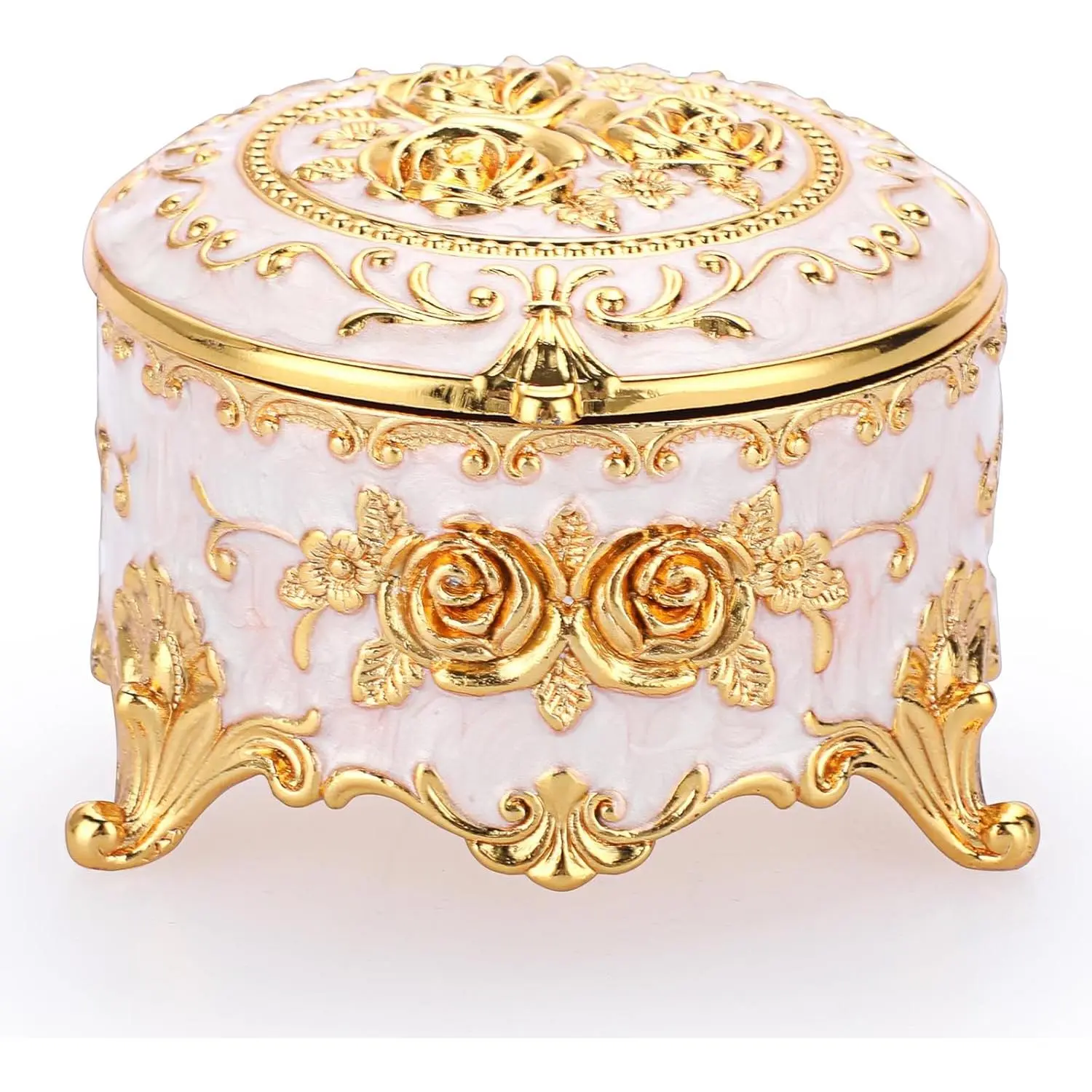 Women's Vintage Small Gold Metal Round Jewelry Box - Beige Rose Design Trinket Chest, Home Organizer Storage for Earrings & Necklaces, Keepsake Gift