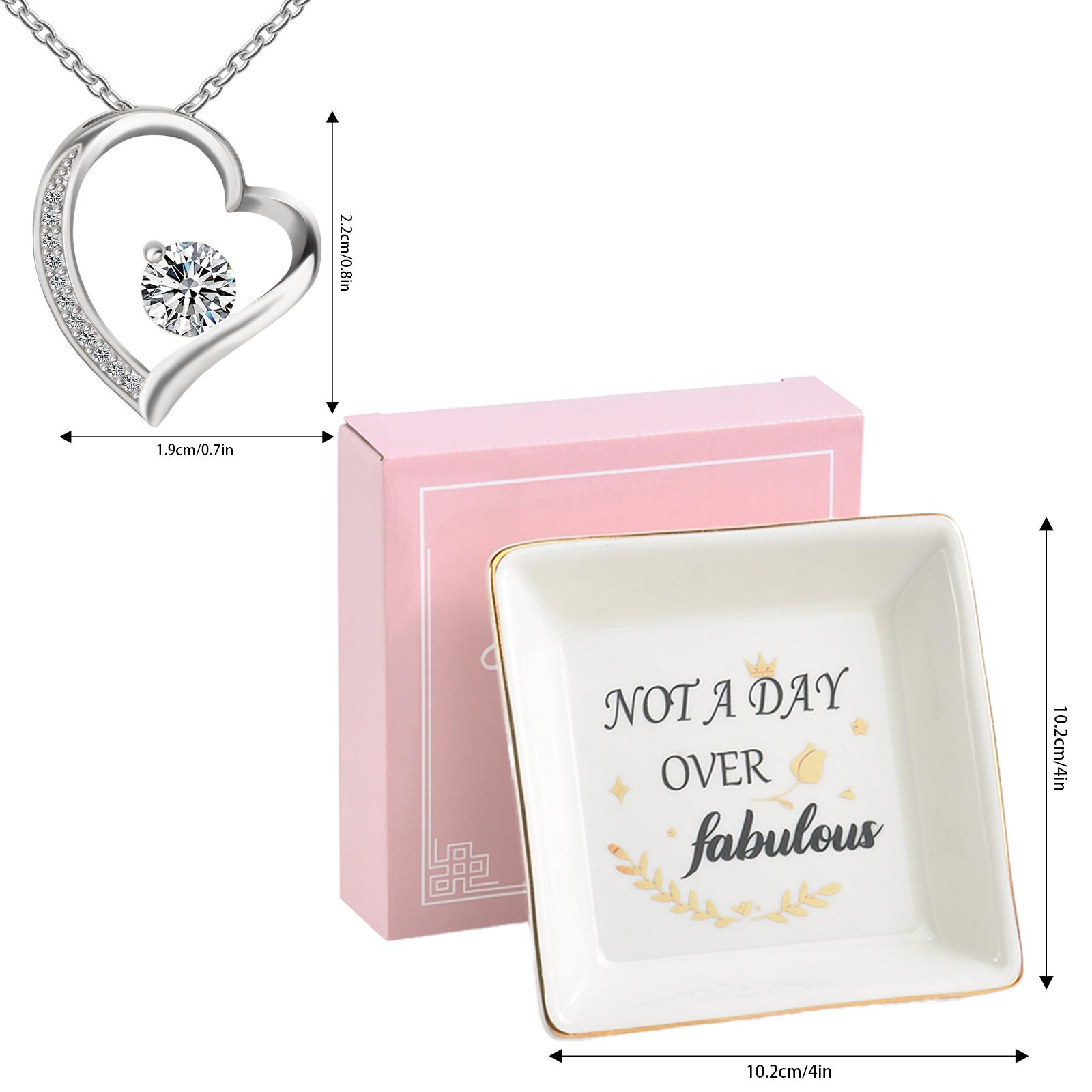 Not A Day Over Fabulous Jewelry Dish with Heart Pendant Necklace, Trinket Tray Gift Set for Women, Birthday Christmas Valentines Mothers Day Gifts for Her, Wife, Mom, Sister, Friend