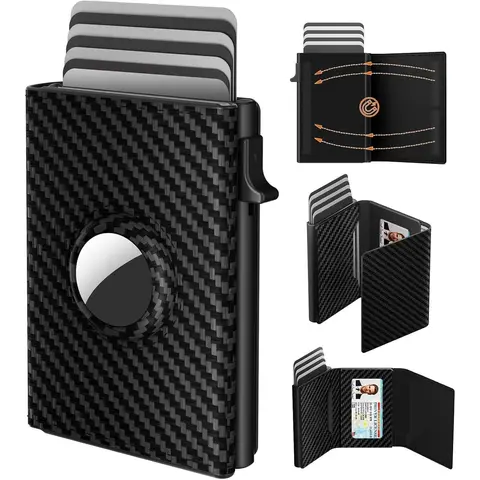 Men's Premium Leather Minimalist Slim AirTag Smart Wallet Card Holder - RFID Blocking, Carbon Fiber, 9-14 Capacity, ID Window, Quickest Access, Pickpocket Protection, Easy Carry, Daily Wear (Black)