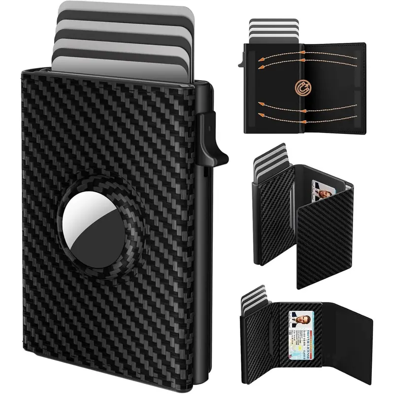 Men's Premium Leather Minimalist Slim AirTag Smart Wallet Card Holder - RFID Blocking, Carbon Fiber, 9-14 Capacity, ID Window, Quickest Access, Pickpocket Protection, Easy Carry, Daily Wear (Black)