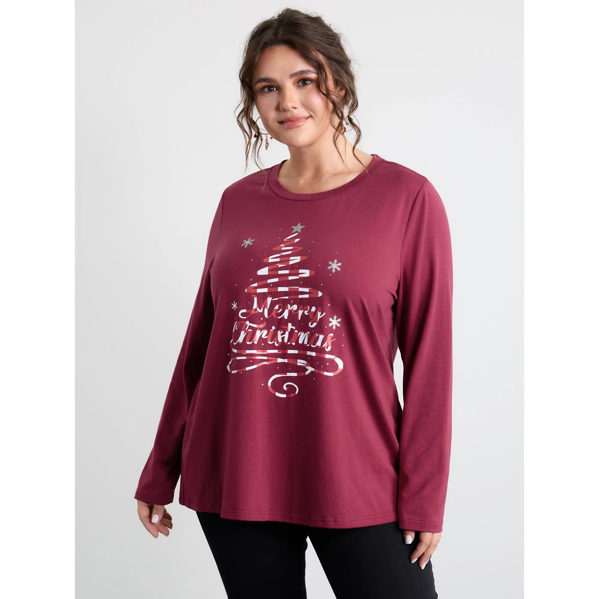 BLOOMCHIC Women's Plus Size High Stretch Cotton Spandex Graphic T-Shirt - Regular Fit, Long Sleeves, Round Neck, "Merry Christmas" Print, Contrast Details & Binding, Solid Accents, Sizes M-6X, Low Iron, Machine Wash, Do Not Tumble Dry, Turn Inside Out, Ca