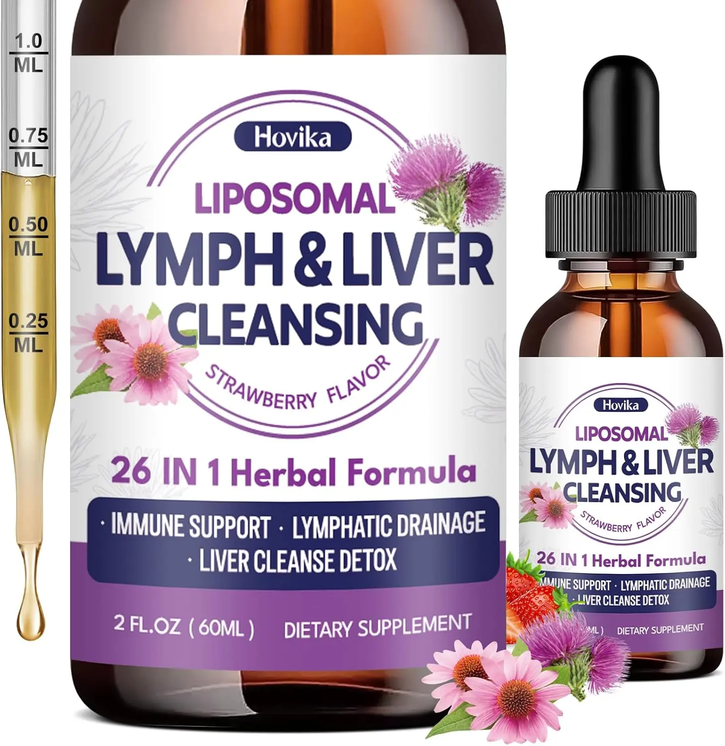 Liposomal Lymphatic Drainage Drops, 26 in 1 Liver Cleanse Detox & Repair with Milk Thistle, Echinacea, Glutathione, Vitamins, Lymph-Liver Cleanse, Gut & Metabolic Health - Strawberry Flavor, 2 Fl Oz