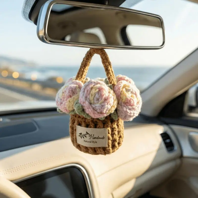 Aesthetic Handmade Crochet Flower Basket Car Charm, Boho Rearview Mirror Accessory for Women, Cute Gift Idea for Mother's Day, Birthday, Christmas & New Car Owners