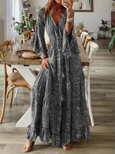 Women's Boho Style Bell Sleeve V-Neck High-Waisted Dress, Floral Print Long Holiday Party Gown, Elegant Women's Clothing
