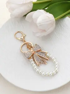 1Pc White Rhinestone Bowknot Keychain Imitation Pearl Chains Sparkly Bow Purse Charm Bag Charms for Handbags Purse Backpacks Handbag Charms Keychain Accessories for Women