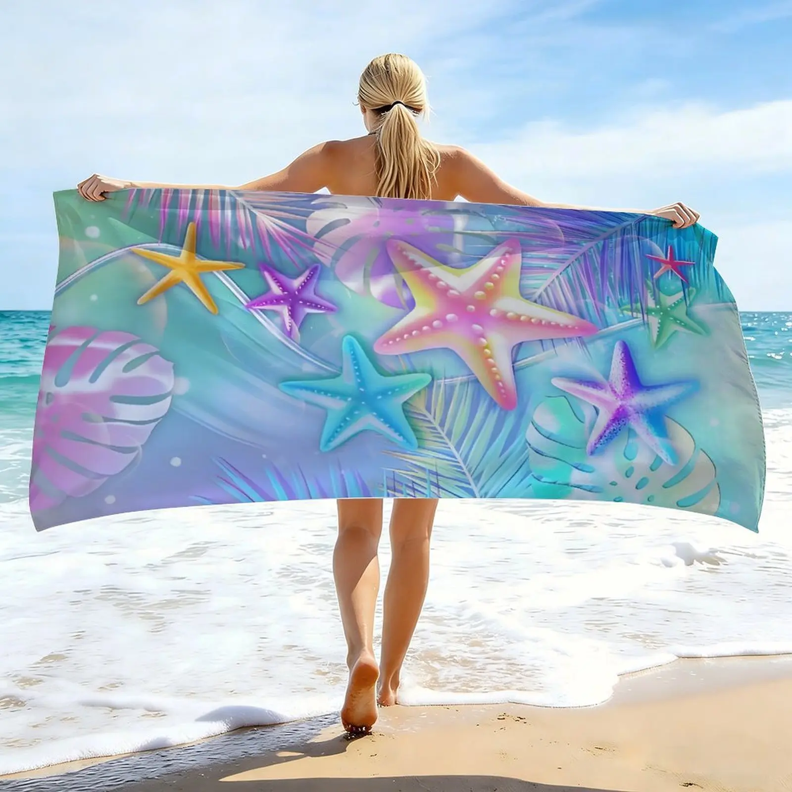Colorful Starfish Print Beach Towel, Microfiber, Highly Absorbent, Machine Washable. Trendy Summer Style, Perfect for Beach, Pool, Camping, Spa & Travel, Great Gift for Friends