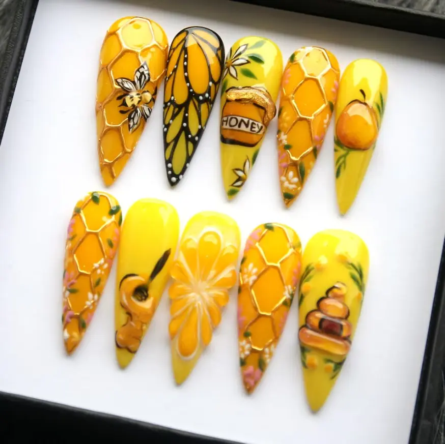 Honey Forest Press On Nails Set 3D Busy Bee Yellowcore Hand Painted Gif For Birthday Party, Wedding Nails