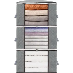 Combocube 3-Pack Fabric Bedding Storage Bags, Breathable Closet Organizers with Large Clear Window & Handles for King Comforter, Pillow, Clothes