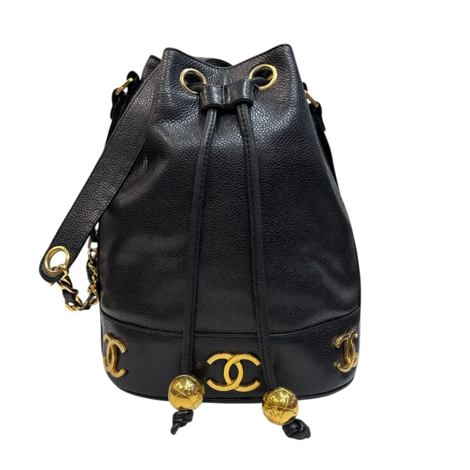 Pre-owned CHANEL Leather Bucket Bag Black Caviar Triple CC Bucket Bag