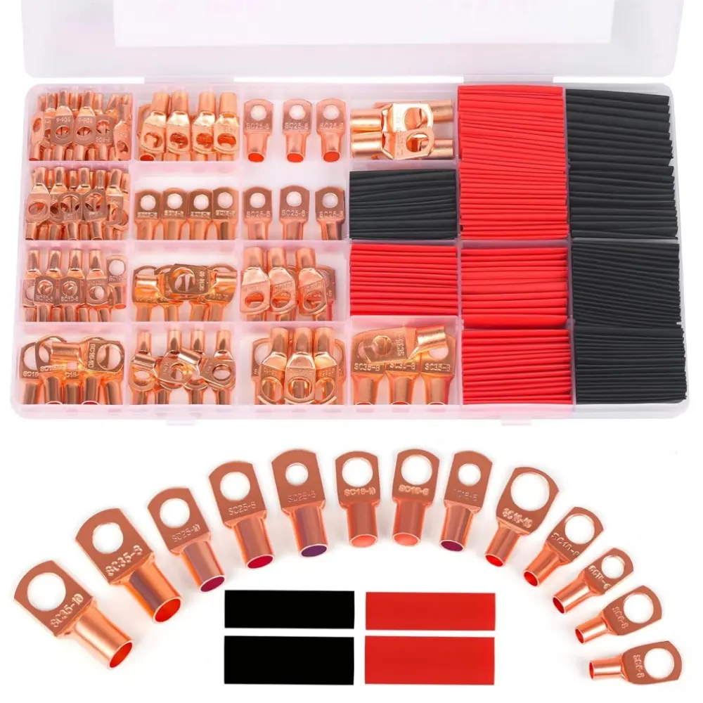 Wiring Connectors Kit - 260-Piece Pure Copper Ring Lug Terminals and Heat Shrink Tubing Set for Marine, Automotive & Solar Applications, Home, Boat, Wire Plugs, Solar Panels, Golf Carts, Diy Users