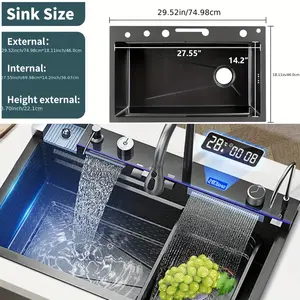 Smart Modern Gun Gray Stainless Steel Single Bowl Kitchen Sink - 1 Set Digital Display Waterfall Sink with Pull Down Sprayhead Faucet and Full Set of Accessories