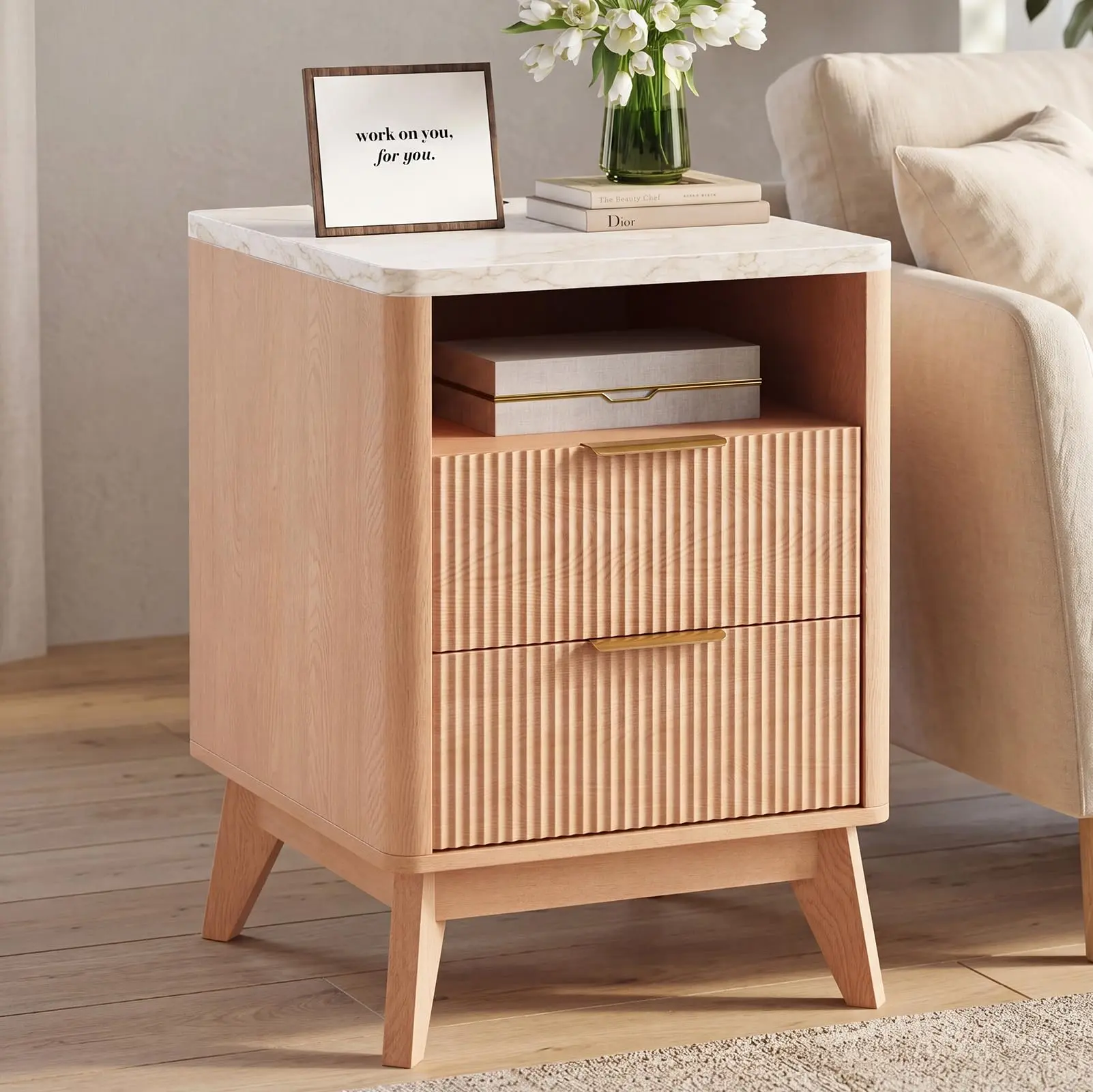 Nightstand with Built-in Charging Station, 18" Bedside Table with Faux Marble Top, Fluted Solid Wood End Table with 2 Drawers, Modern Compact Night Stand for Bedroom