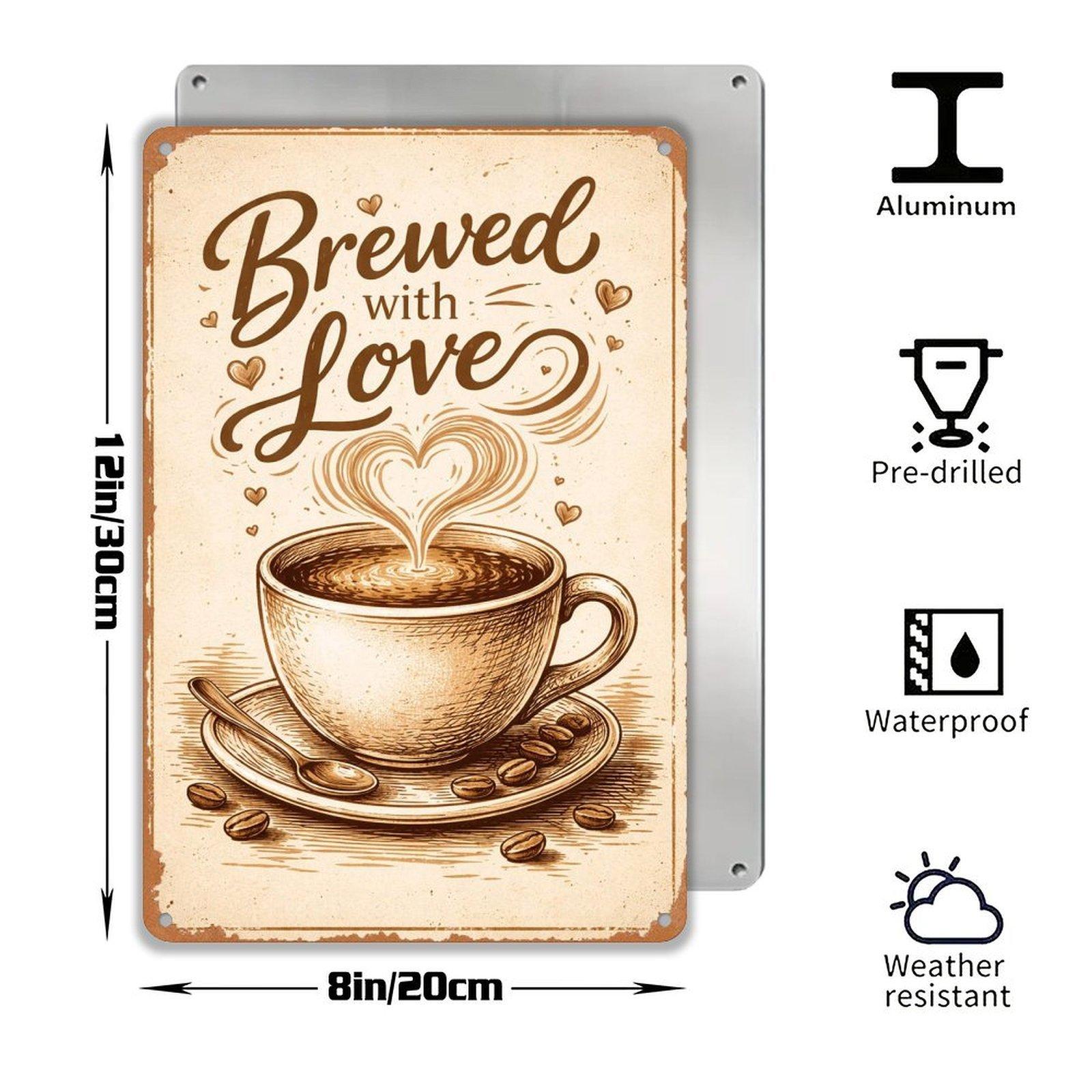Brewed with Love – Coffee Cup Retro Art Print – 8x12 Inch Metal Sign for Kitchen, Café, or Home Decor