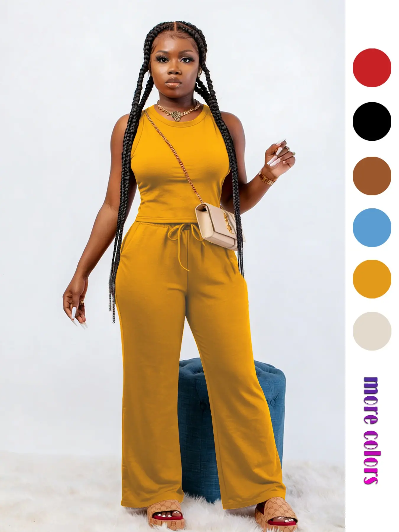 Women's 2026 Summer 2 Piece Outfits Suit, Sleeveless Crew Neck Tank Top & Drawstring Adjustable Flowy Wide Leg Pants Set, Stretchy Knit Casual Style Everyday Lounge Going Out Vacation Sets for Women, Multiple Colors Available