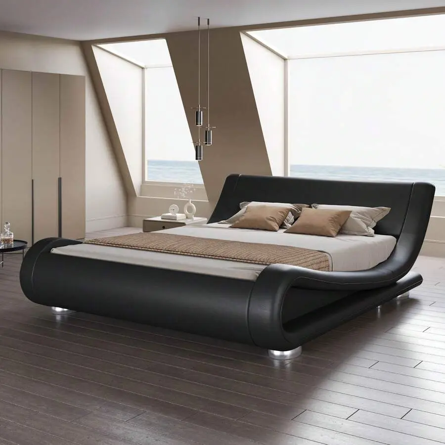 Faux Leather (PU Leather) Upholstered Bed Frame - Full/Queen/King Sizes, Breathable Low-Profile Sleigh Bed, Adjustable Height Ergonomic Headboard, No Box Spring Needed, Easy Assembly, Max 800lbs Capacity, Assembly Required
