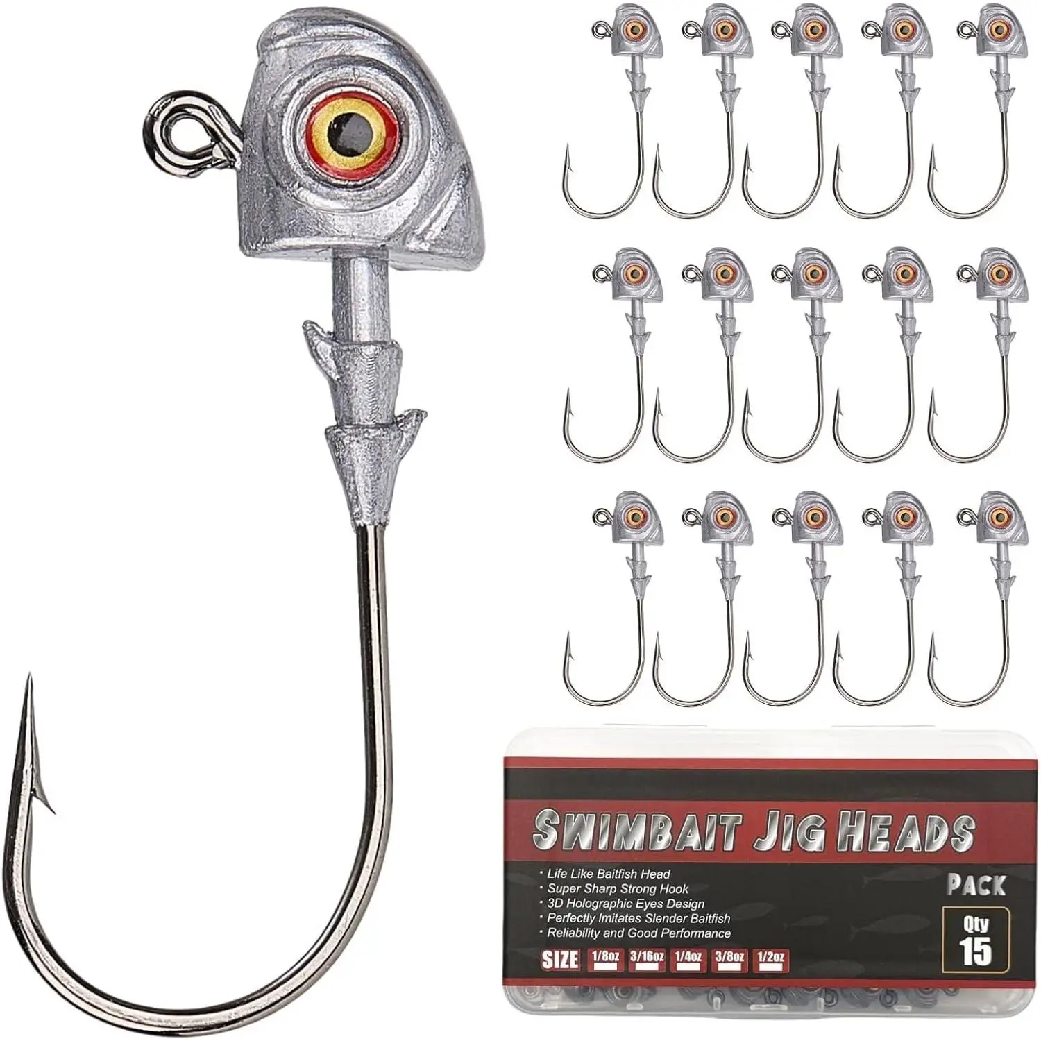 Eyes Bass Jig Heads for Fishing, 15 count Finesse Swimbait Jig  with Cone  Keeper Lifelike Minnow Style Jigheads Saltwater&Freshwater 1/8 3/16 1/4 3/8 1/2oz