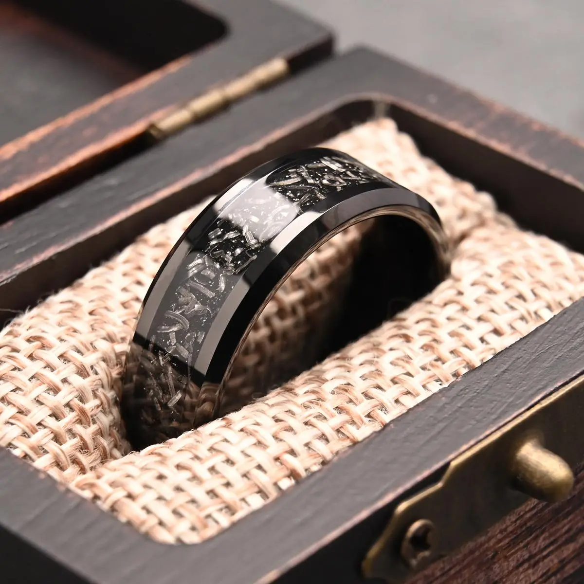 Men's 8mm Black Tungsten Carbide Ring - Genuine Meteorite Inlay, Classic Modern and Chic Pattern, Hypoallergenic, Custom Engravable, Casual Wedding Band, Christmas Fashion Accessory
