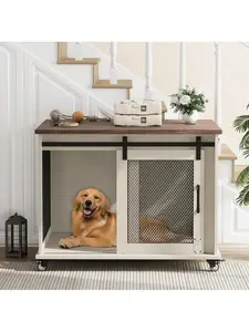 37 inch Dog Crate Furniture With Flip Top Dog Kennel Indoor With Sliding Door And Wheels Medium Dog Crate With Removable Divider Wooden Dog Cage Furniture Dog Crate Side Table-A