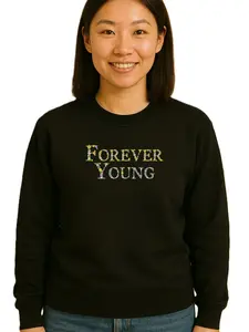 Forever Young Floral Embroidered Hoodie or Crewneck Sweatshirt Classic Fit Women's Long Sleeve Pullover with High-Quality Embroidery for Everyday Outfits
