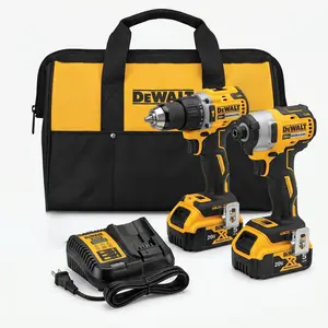 DeWalt 20V Brushless 2 Tool Power Tool Set With Battery Charger Bag A 1/2 Inch Chuck Drill And 1/4 Hex Impact Driver