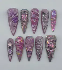 Holographic Fairycore Press On Nails – 3D Iridescent Florals, Gothic Face Charm & Butterfly Wings, Dreamy Purple Chrome Nail Set