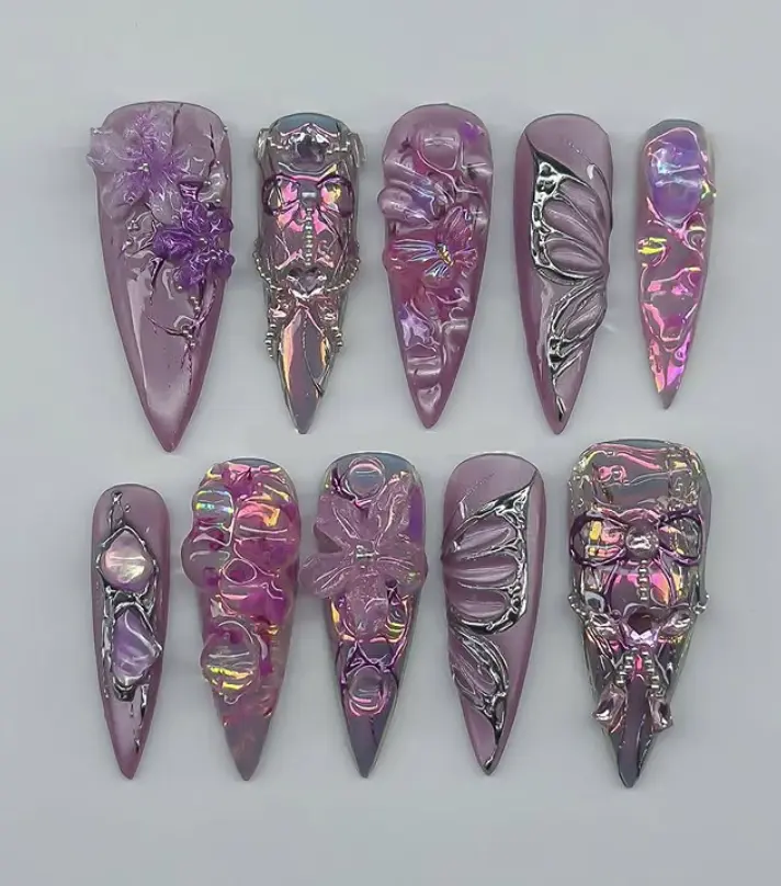Holographic Fairycore Press On Nails – 3D Iridescent Florals, Gothic Face Charm & Butterfly Wings, Dreamy Purple Chrome Nail Set