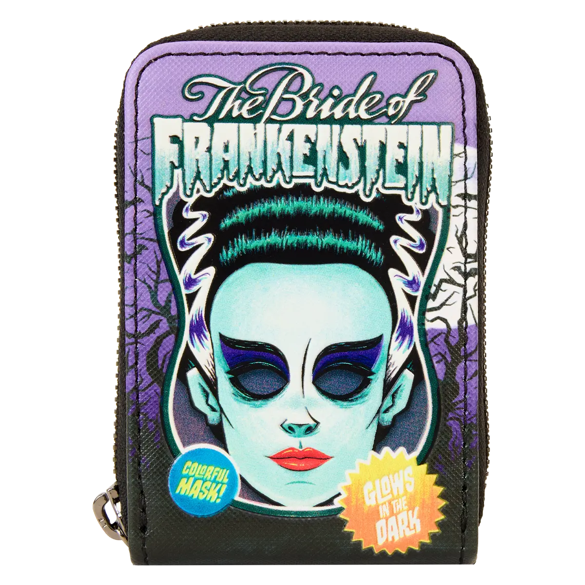 Universal Monsters Bride of Frankenstein Vegan Leather Accordion Wallet, Collectible Zip-Around with Glowing Details, Collectibles, Polyurethane, Bride Motif, Dark-Room Glow Adds Instant Intrigue, Fashionable Wallet, Mask Print
