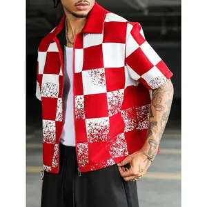Men's Red and White Checkered Jacket, Short Sleeve Zip Up Jacket with Distressed Pattern, Casual Streetwear Style, Comfortable Cotton Blend Fabric, Versatile Outerwear for Men, Perfect for Spring and Fall