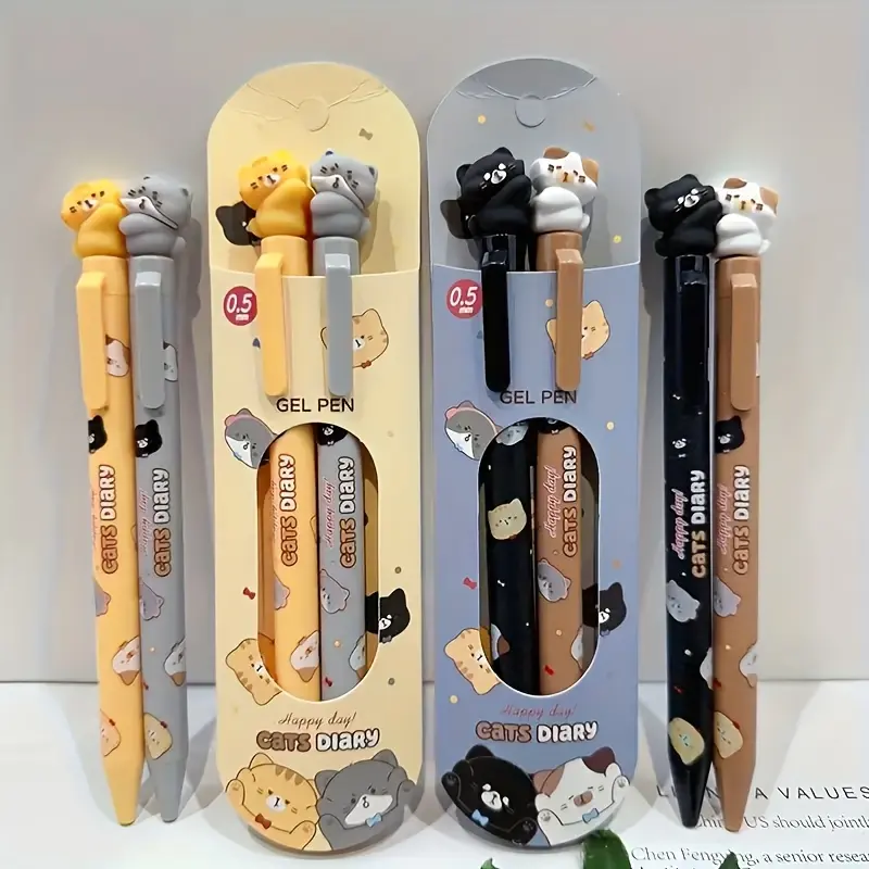 Kawaii stationery office supplies: 2 pcs/box of cute cat gel pens, Smooth Writing Pen, Pen Set, Animal Design Pens, aesthetic black ink, perfect gift for cat lovers - suitable for daily office use