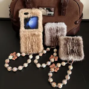 Luxury Elegant Motorola Razr 40 50 Moto 2024 2025 plus Ultra Phone Case with Bow Pearl Wrist Strap Soft Fur Puff Elegant Design