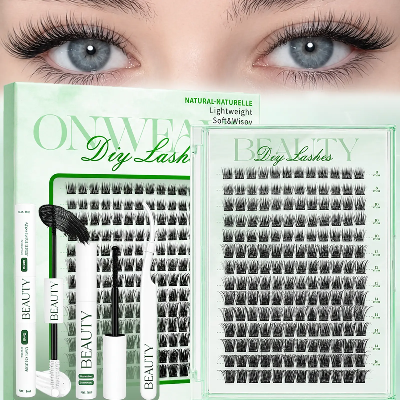 Onweave DIY Lash Extension Kit, 168 Pcs Wispy Eyelash Clusters, 8-16mm Mixed Lengths, Complete At-Home Makeup Set with Bond, Seal, Remover, and Tweezers for a Natural Volume Look, Cosmetic, Chemical Fiber, Complete Kit