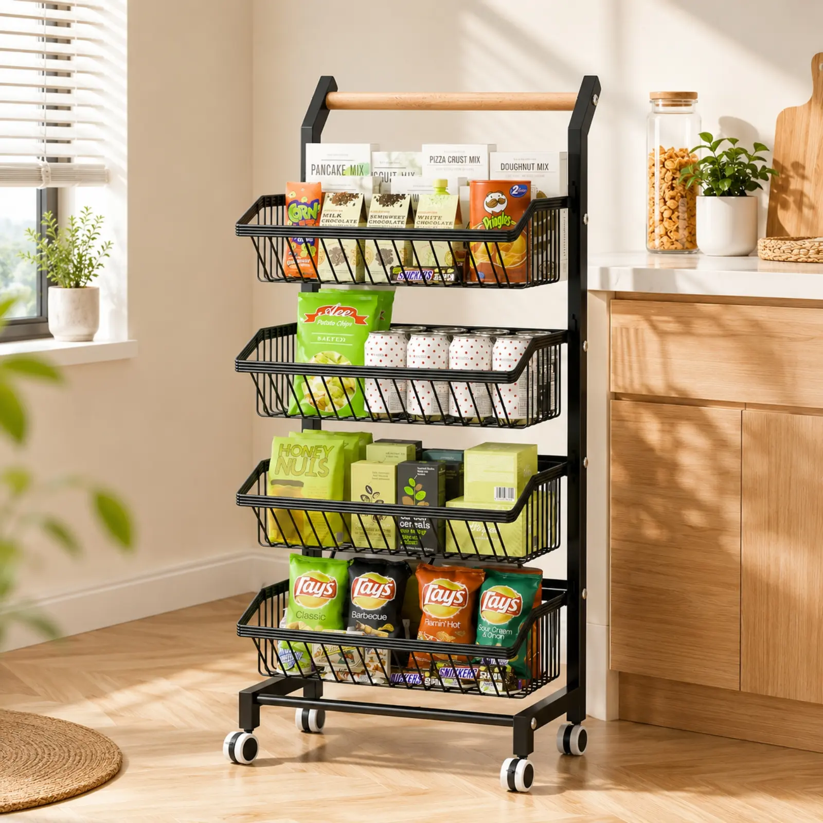 4-Tier Storage Cart with Wheels Rustproof Snack Cart Adjustable Vegetable Fruit Rack Rolling Pantry Utility Kitchen Cart with Solid Wood Handle, Detachable Fruit Baskets, 360°Movable