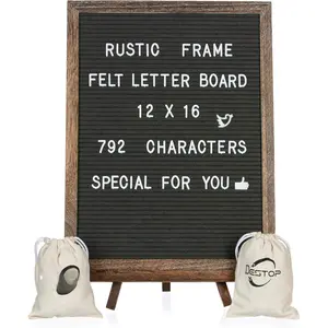 Felt Letter Board with Rustic  Frame and Stand 12x16 inch, Dark Grey Changeable Letter and Message Board Includes 792 Letters, Numbers and Symbols, Hook to Hang, 2 Canvas Bags