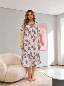 Women's dress, nightgown, pajamas, bowknot and flower printed short-sleeved dress, nightgown, home wear, short-sleeved long dress, loose and comfortable, easy to match