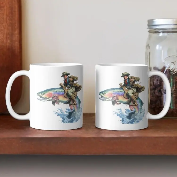 Funny Cowboy Fishing Coffee Mug, Retro Rider on Trout Artwork, Western Outdoor Angler Gift for Dad, Great for Father’s Day, Birthday, Christmas or Fishing Trips