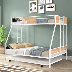 Bellemave All Steel Twin Over Full Double-Decker Bed Furniture with Trundle, Noise-Reduced Safety Guardrails, Wood Accents, Bedroom Storage, CPC Certified, No Box Spring Needed, Easy Setup Tall Headboard, Assembled Twin Beds