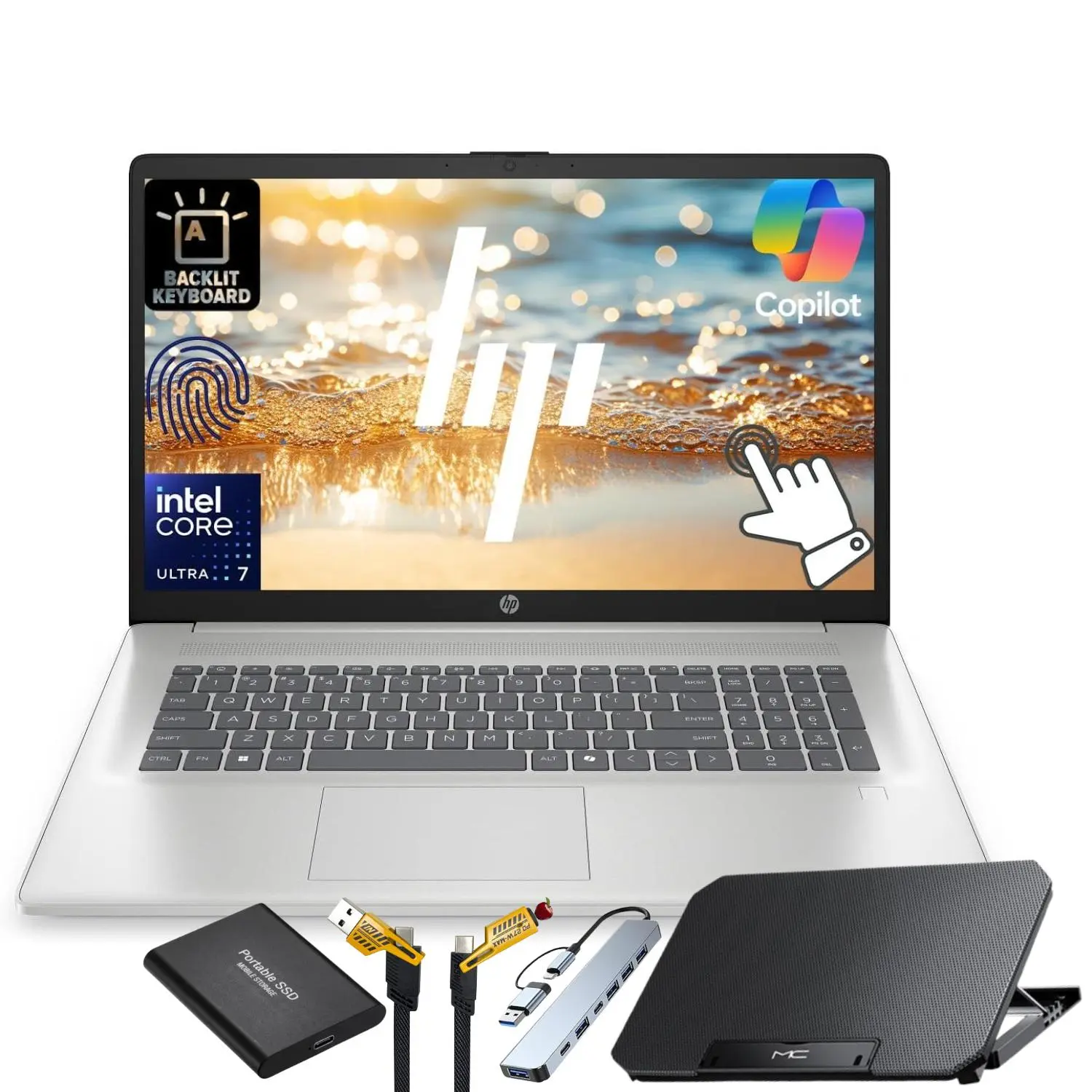 HP 17.3" Touchscreen Business Laptop Computer, Intel 12-Core Ultra 7 255U, 32GB DDR5, 2TB SSD, Fingerprint Reader, Wi-Fi 6, Backlit Keyboard, Windows 11 Home,Silver