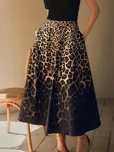 Women's Leopard Print Vintage Midi Skirt, Elastic Waistband, Pocket Design, Casual Home Wear, Commuter Fashion, Summer Half Skirt, Womenswear, Leopard Printed Skirt