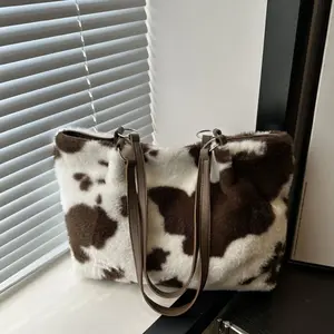 Cow Print Furry Tote Bag - Versatile Design, Ideal for Everyday Use, Durable Fabric, Perfect for Shopping and Outdoor Adventures