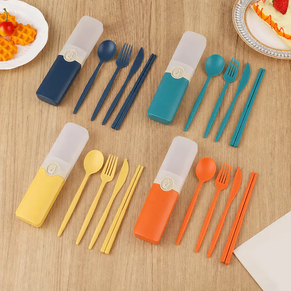4 Pack Portable Wheat Straw Cutlery Set with Case, Reusable Travel Utensils Including Spoon, Fork, Knife and Chopsticks, Eco-Friendly Portable Tableware for Office, School, Camping, Picnic Travel